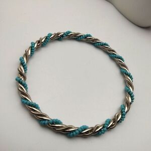 Blue seed beaded silver braided bracelet